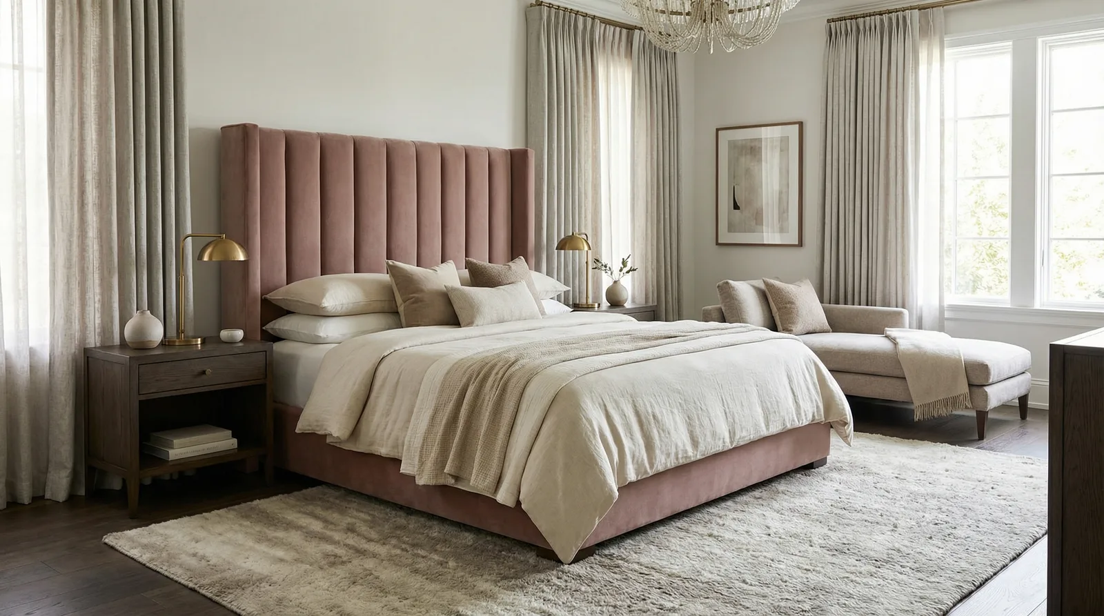 Дизайн-проект спальни — элегантная спальня с мягким изголовьем и слоистым текстилем