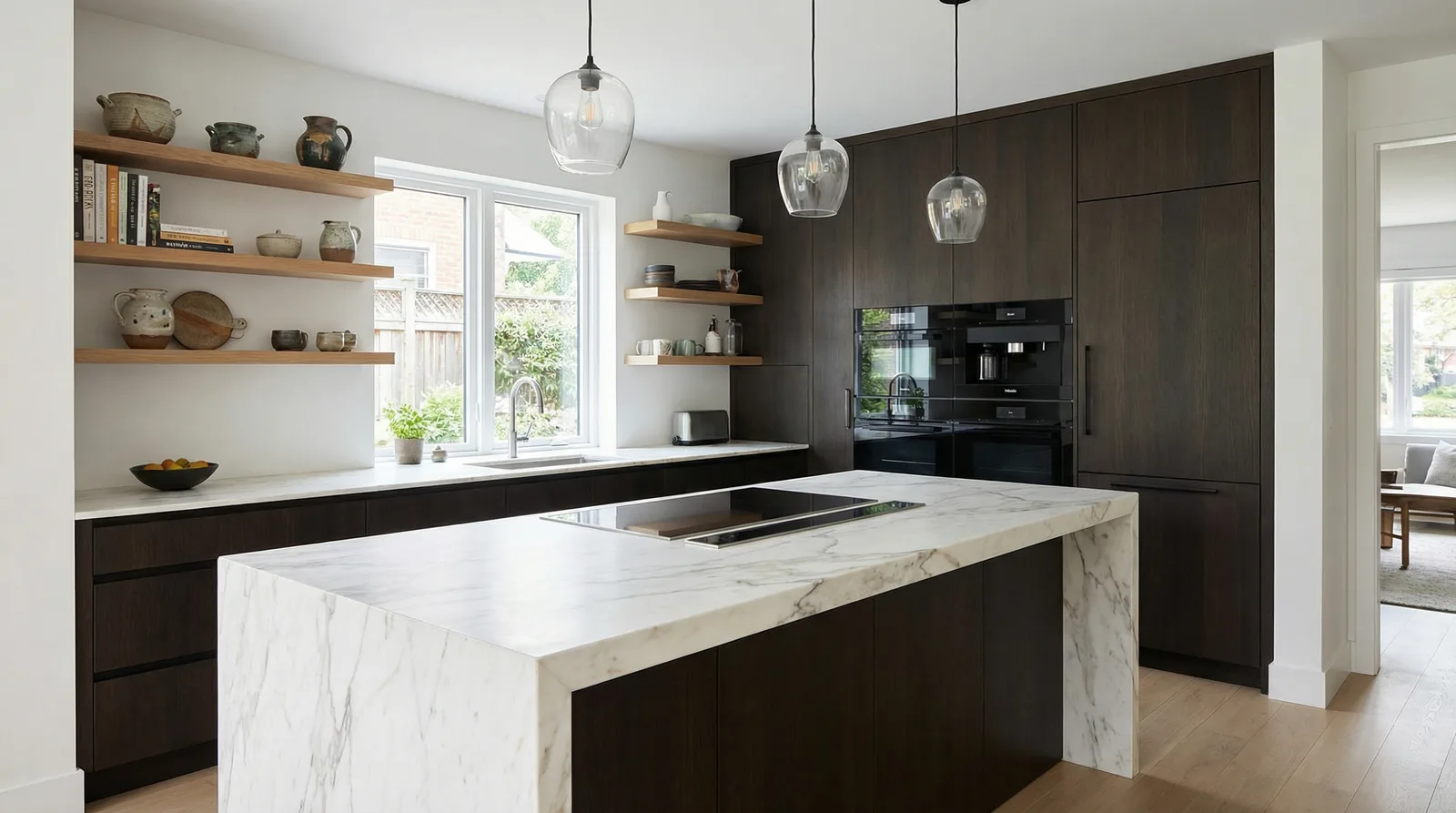 Дизайн-проект кухни — современная кухня с мраморным островом и встроенной техникой