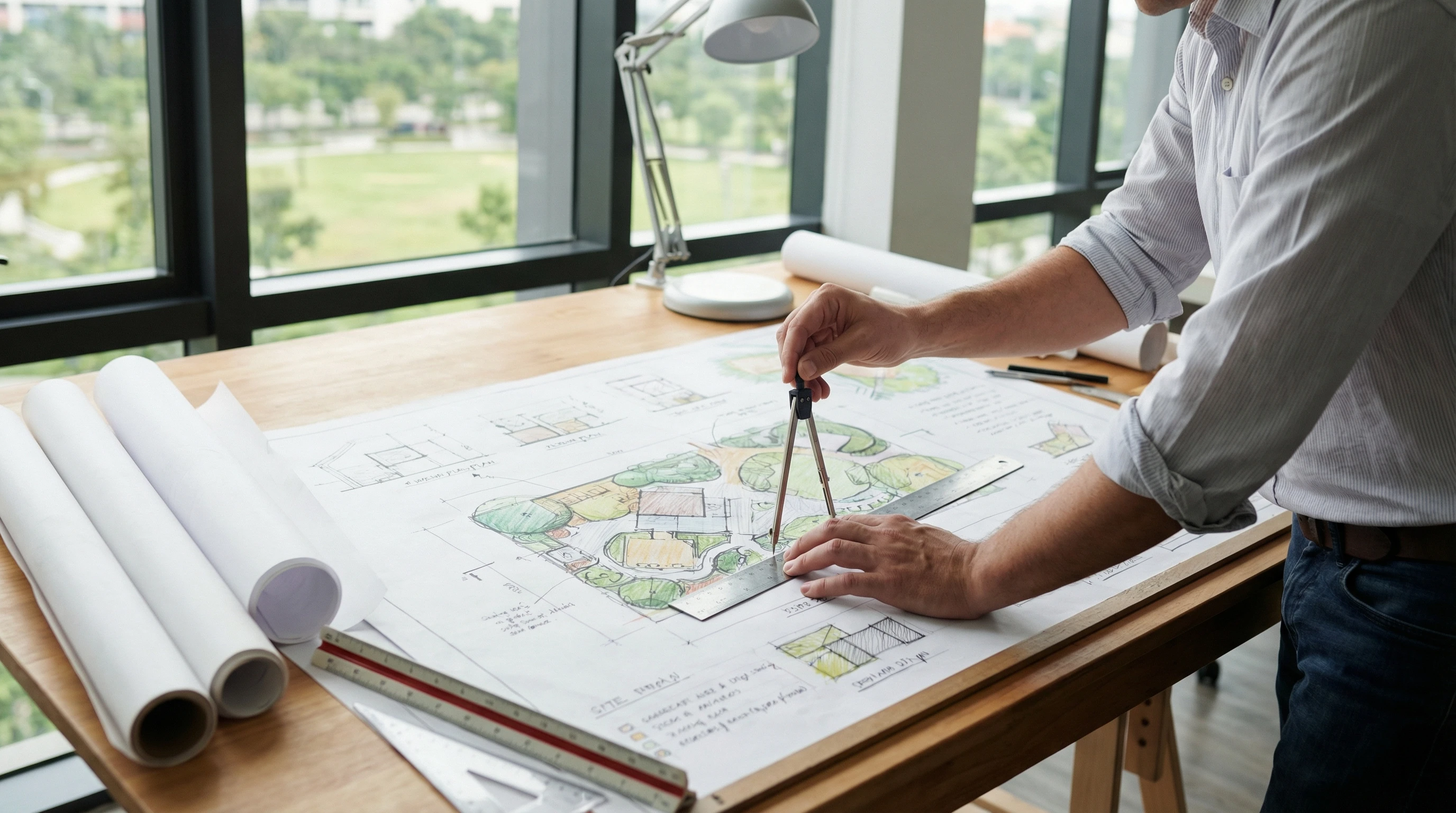 Ландшафтный архитектор разрабатывает план участка