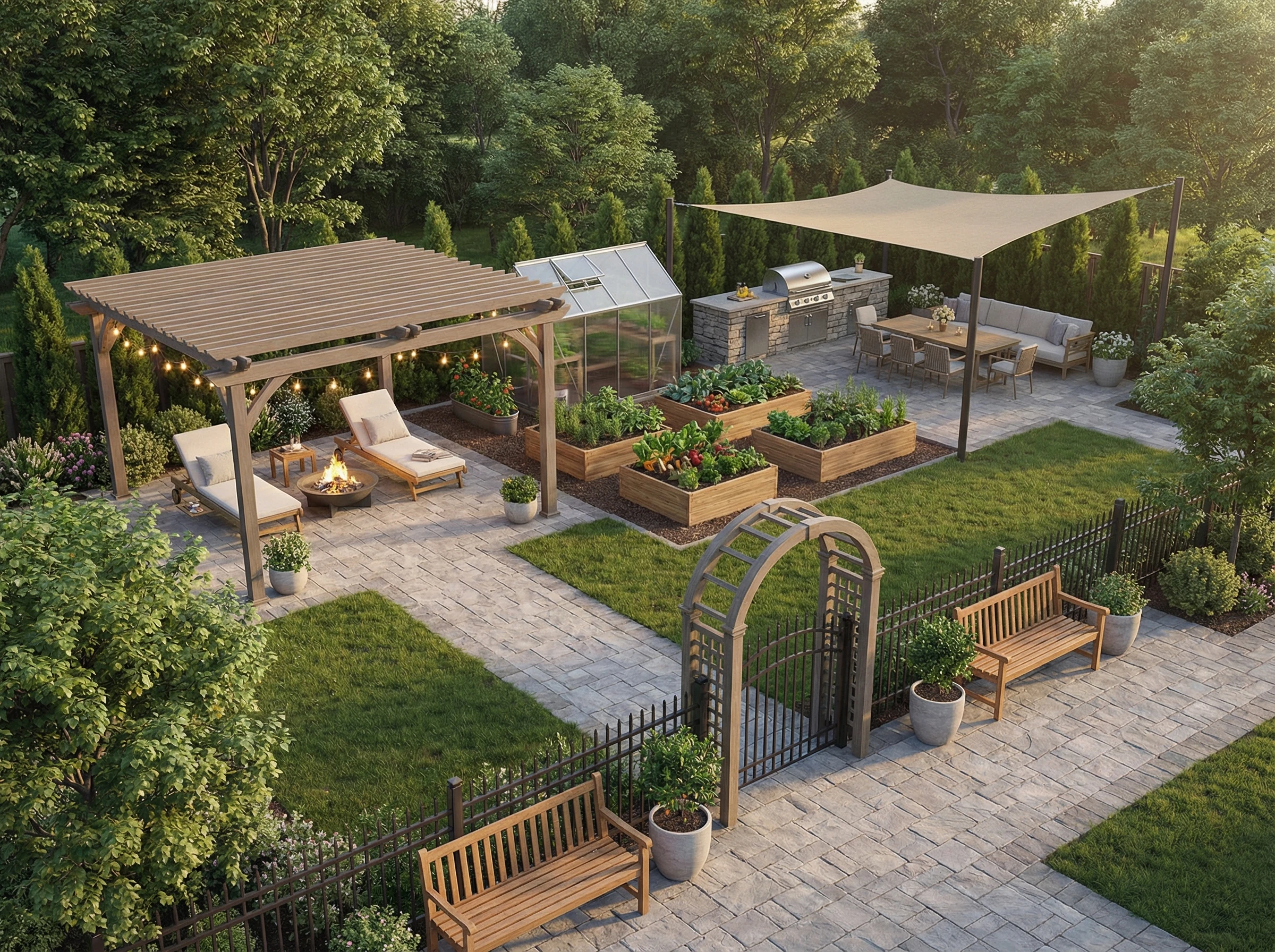 Красиво оформленный участок с зонами отдыха