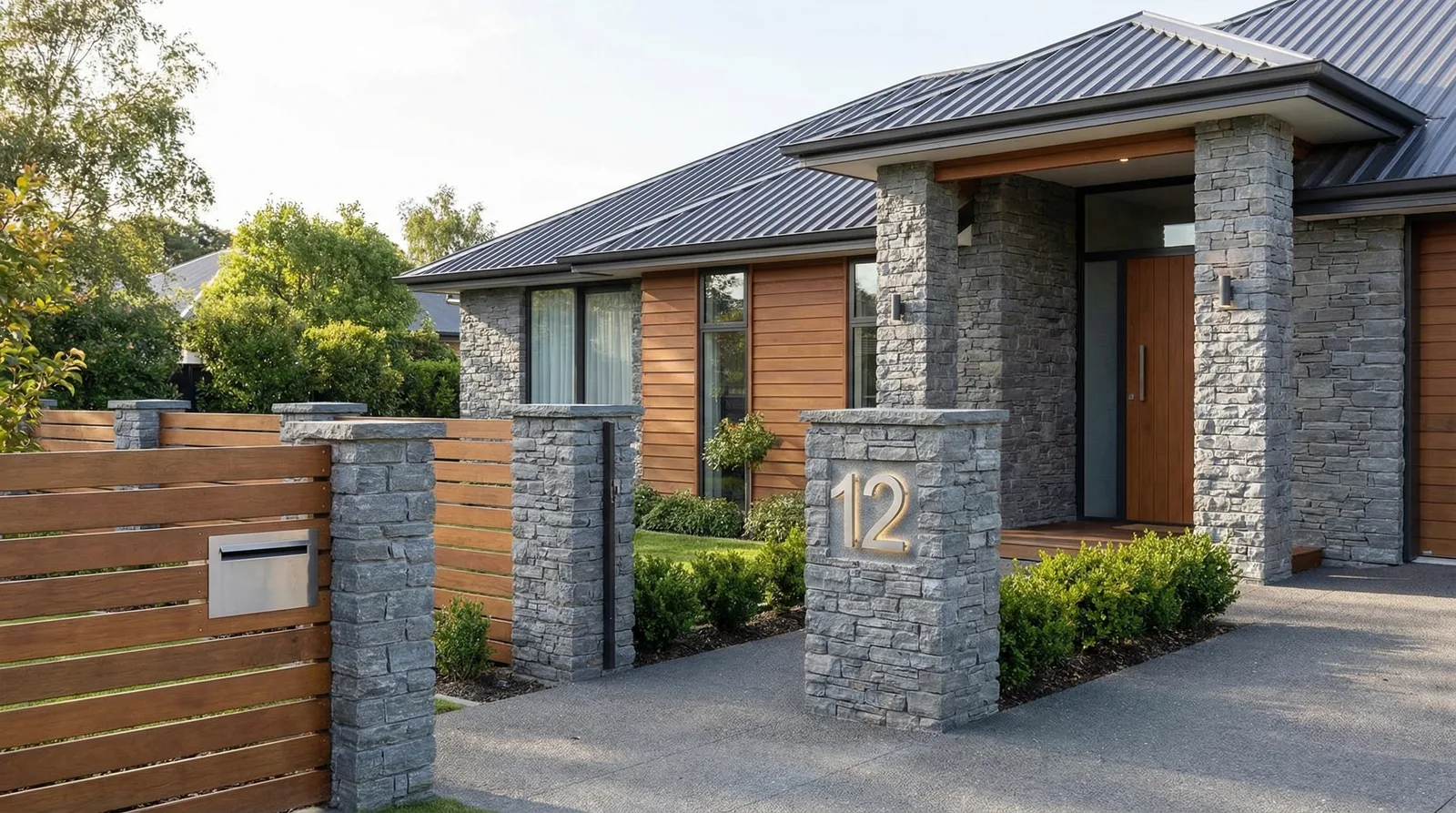 Сочетание забора с фасадом дома и ландшафтом участка