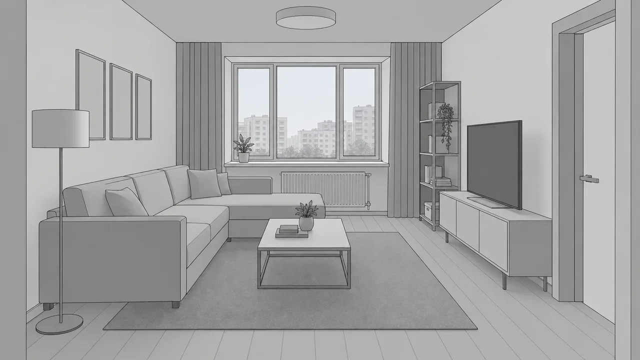 Серая модель гостиной из SketchUp без материалов: угловой диван, столик, тумба с телевизором, стеллаж