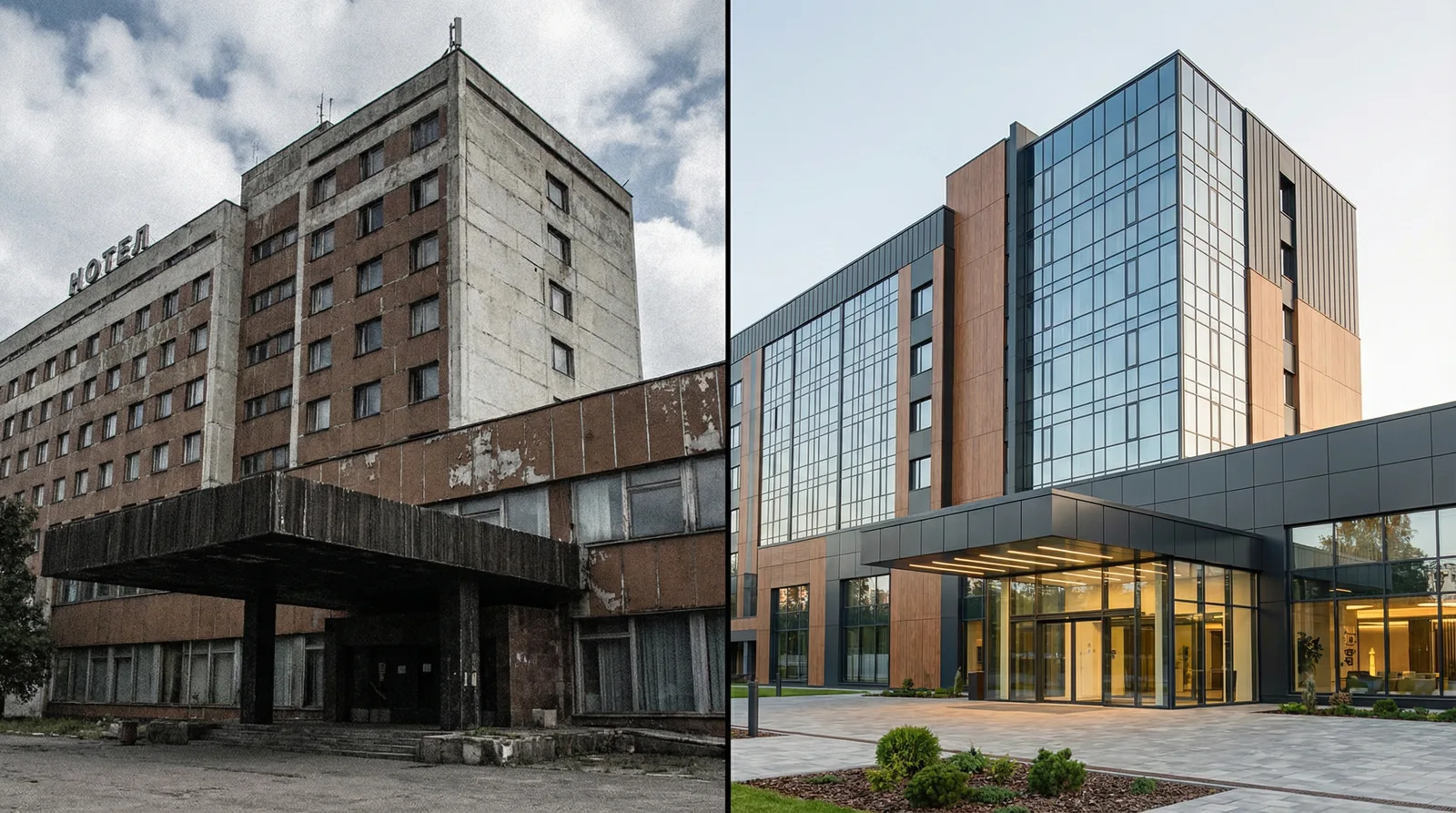 Реновация фасада гостиницы — до и после обновления