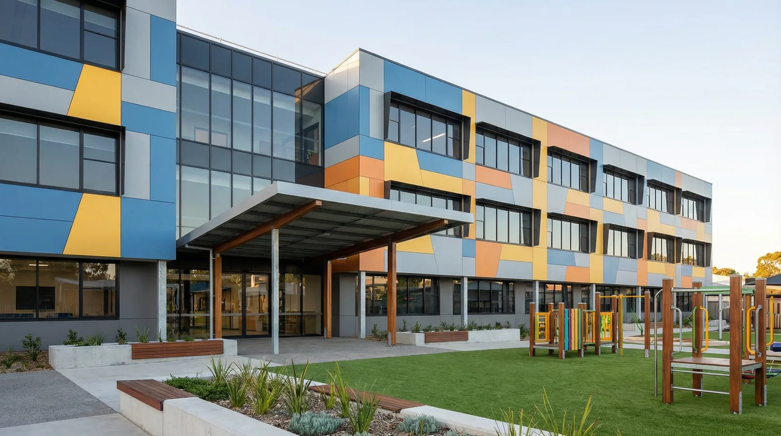 Современные решения для фасадов школ — вентилируемые фасады и цветовое зонирование