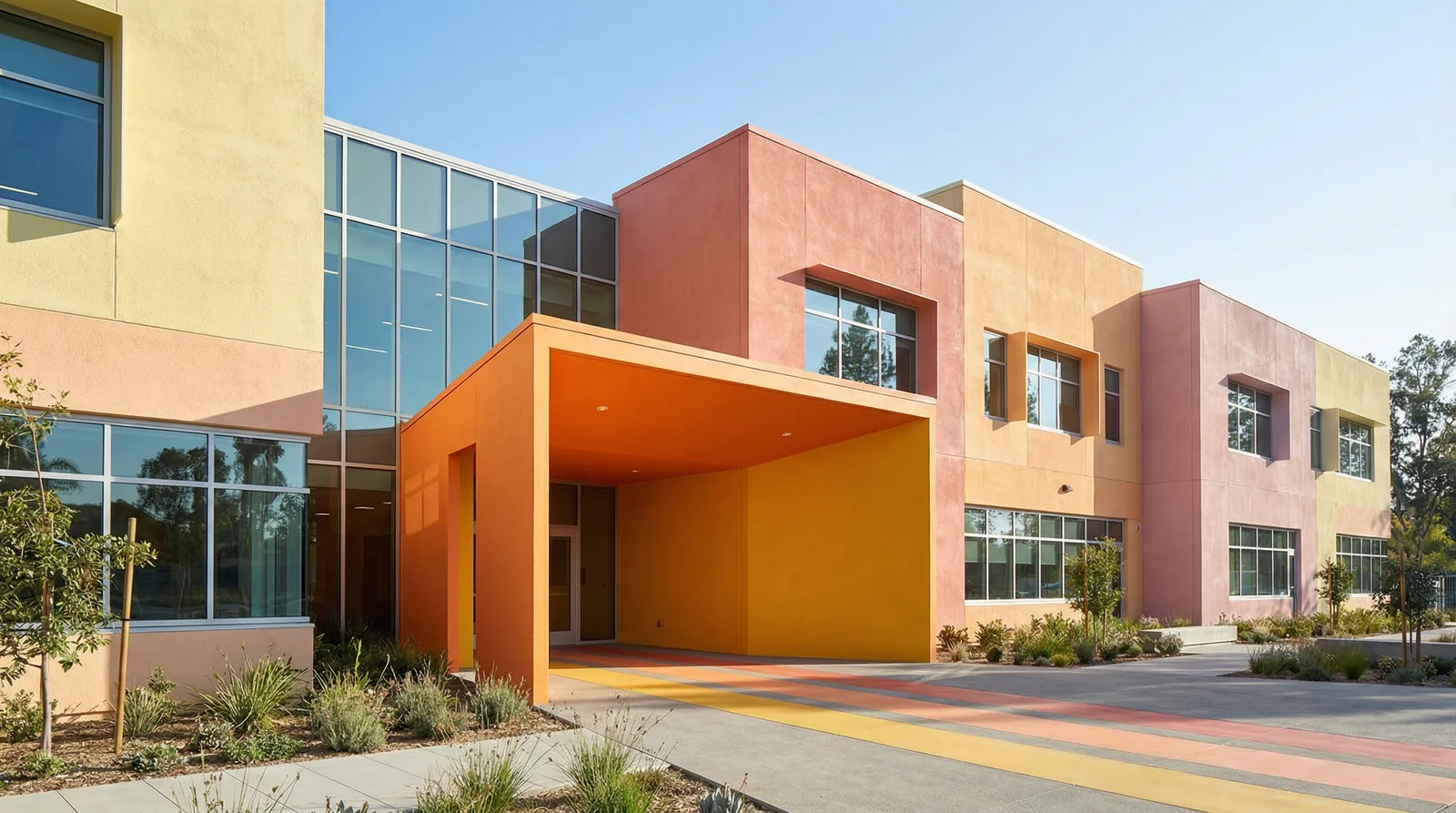 Цветовые решения фасадов школ — пастельные тона с яркими акцентами