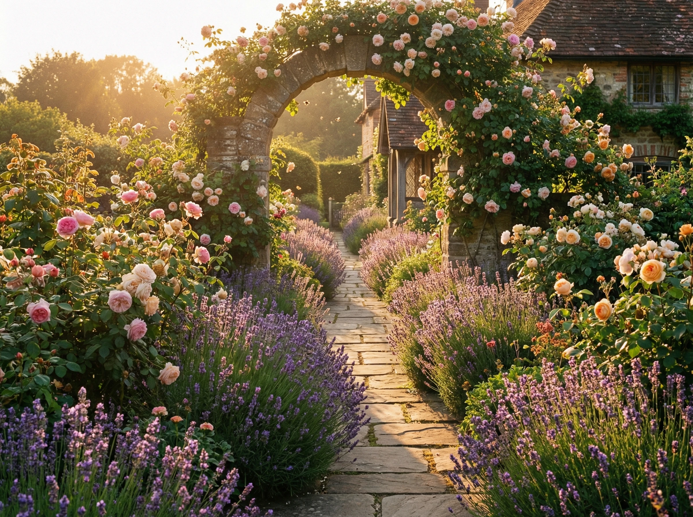 Красивая дорожка в саду с лавандой и розами