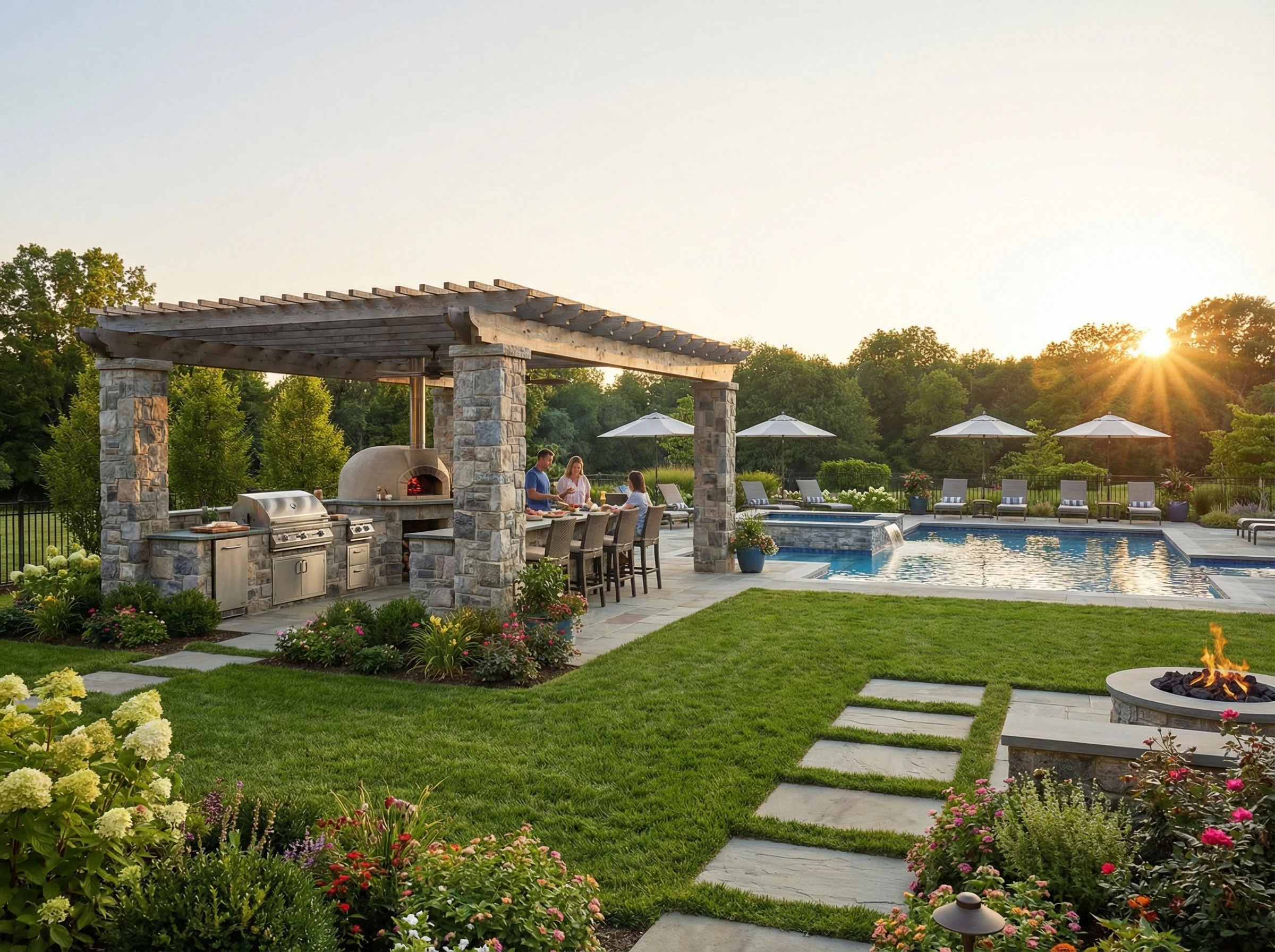 Ландшафтный дизайн с зоной отдыха и бассейном