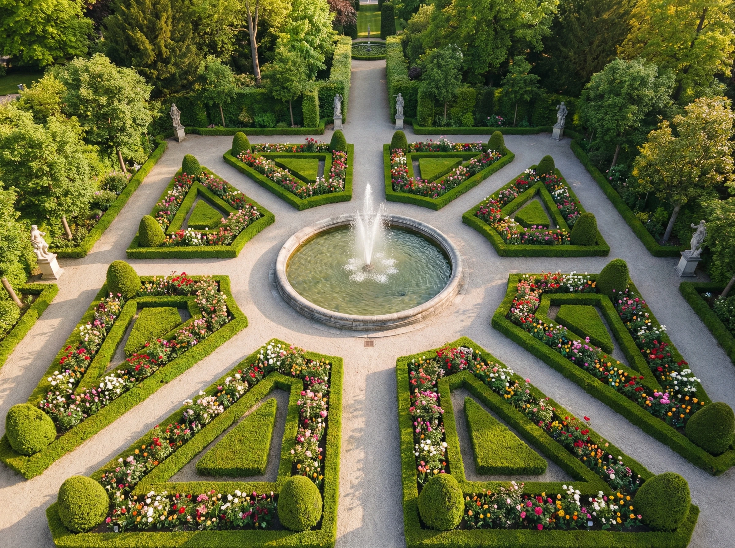 Красивый регулярный сад с геометрической планировкой