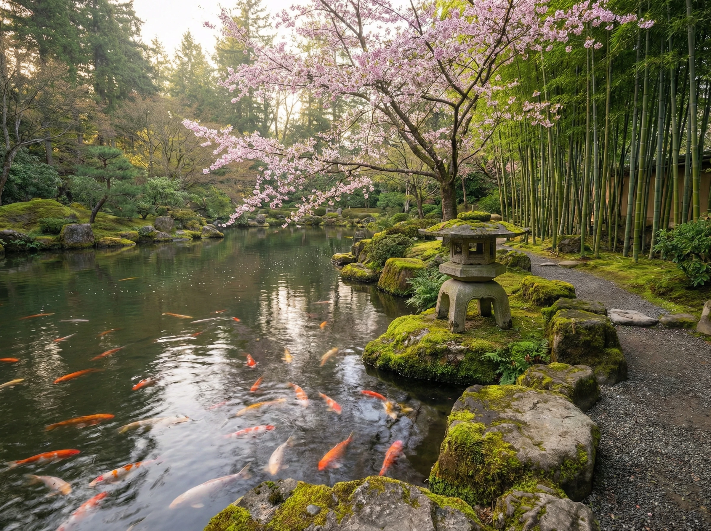 Японский сад с прудом и каменным фонарём