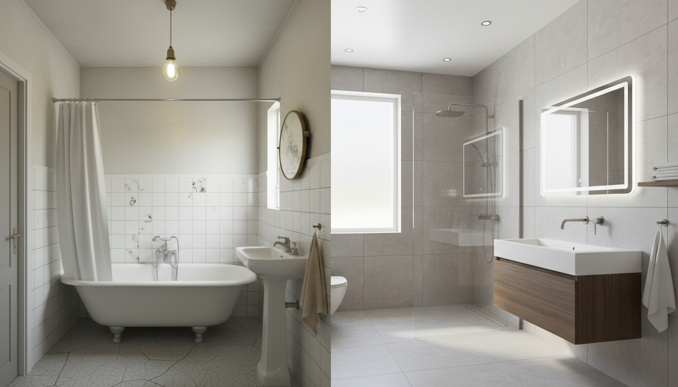 Сравнение ванной до и после ремонта: слева старая ванная с громоздкой ванной, справа современная с душевой зоной