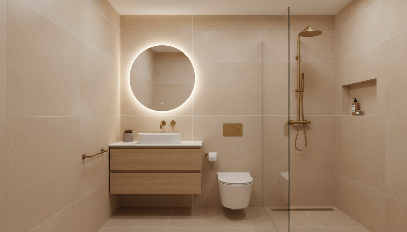 Маленькая ванная с крупноформатной плиткой тёплого бежевого оттенка и матовой фурнитурой