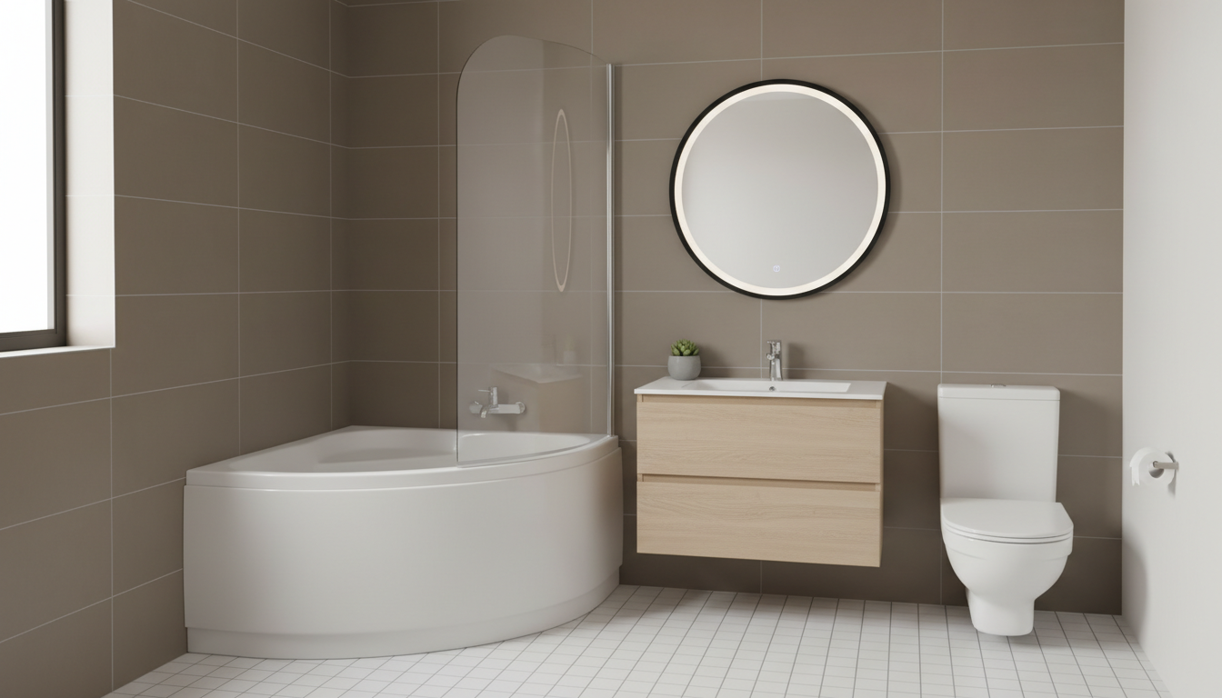 Компактная угловая ванна со стеклянной шторкой в маленьком санузле