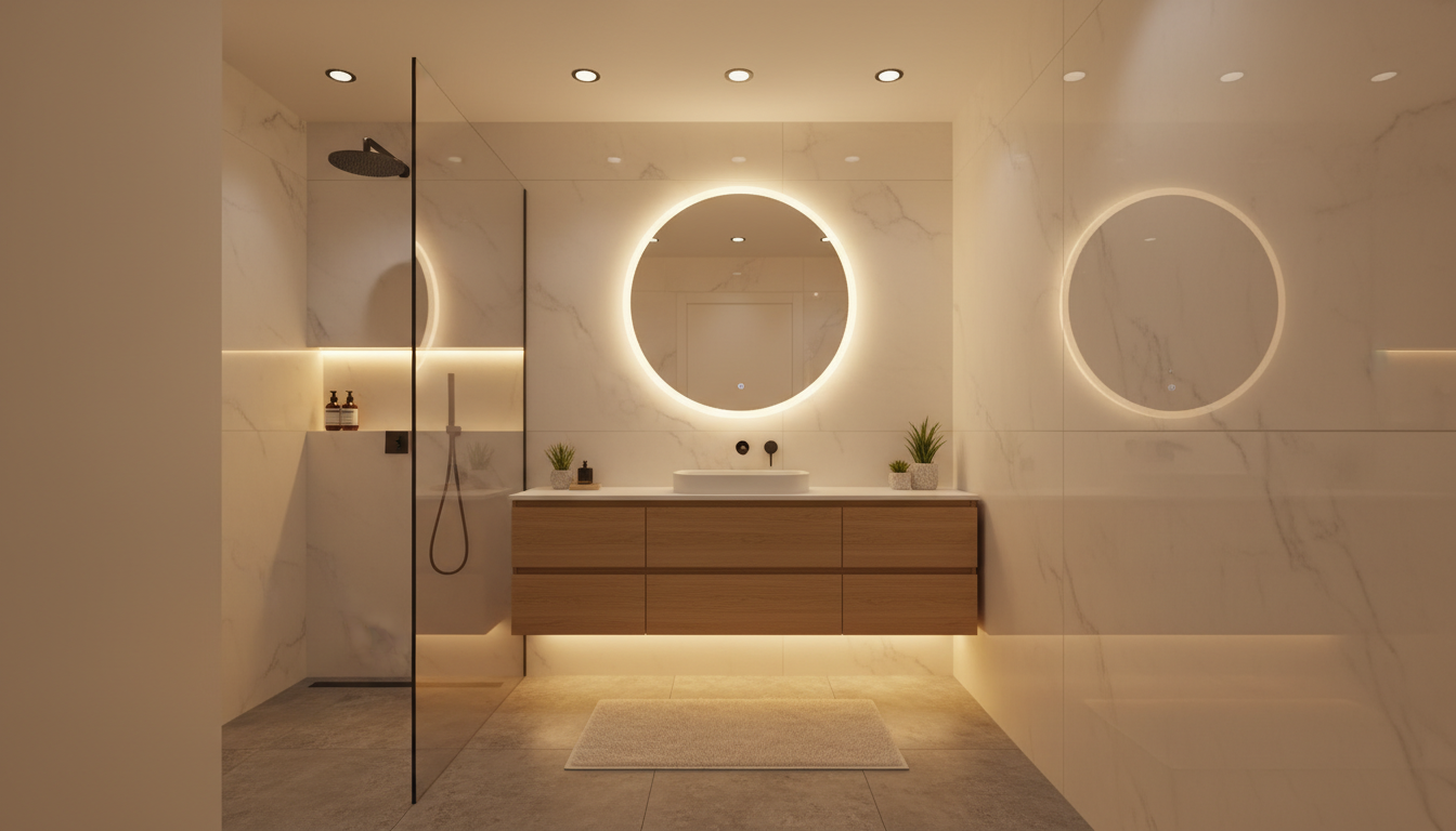 Маленькая ванная с многоуровневым освещением: точечные светильники, подсветка зеркала, LED-лента под тумбой