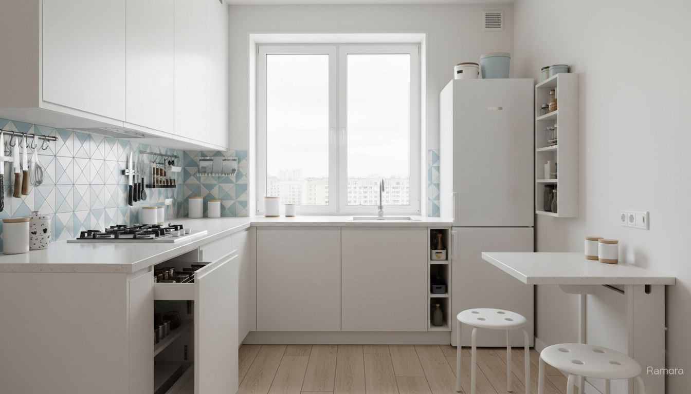 Дизайн маленькой кухни в хрущёвке — белые шкафы, подоконник-столешница