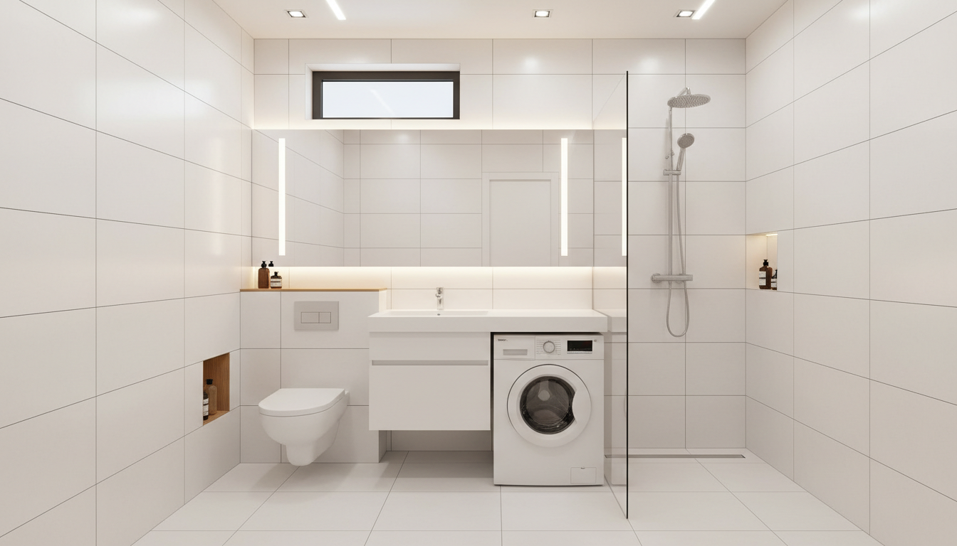 Современный дизайн совмещённого санузла в хрущёвке — белая плитка, стеклянная перегородка