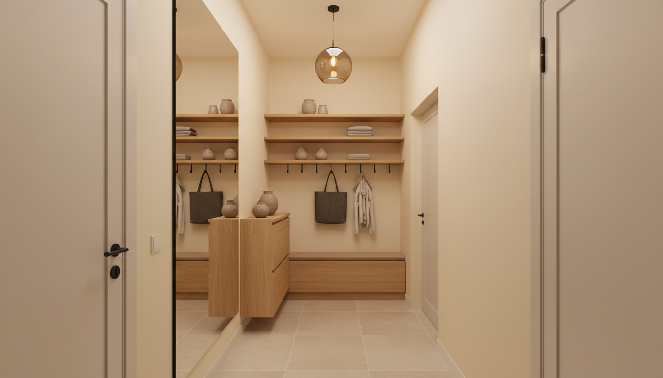 Дизайн узкой прихожей в хрущёвке — зеркальная стена, светлые стены