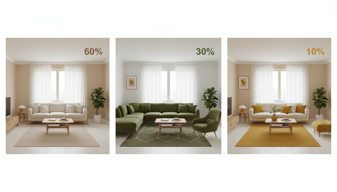 Правило 60/30/10 в интерьере — три комнаты с разным распределением цветов