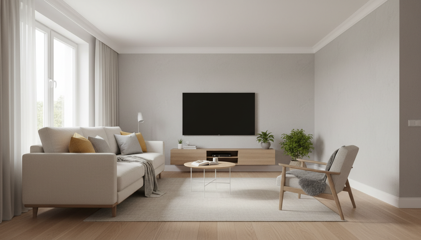 Светлая гостиная в хрущёвке — скандинавский стиль, ТВ на стене, диван