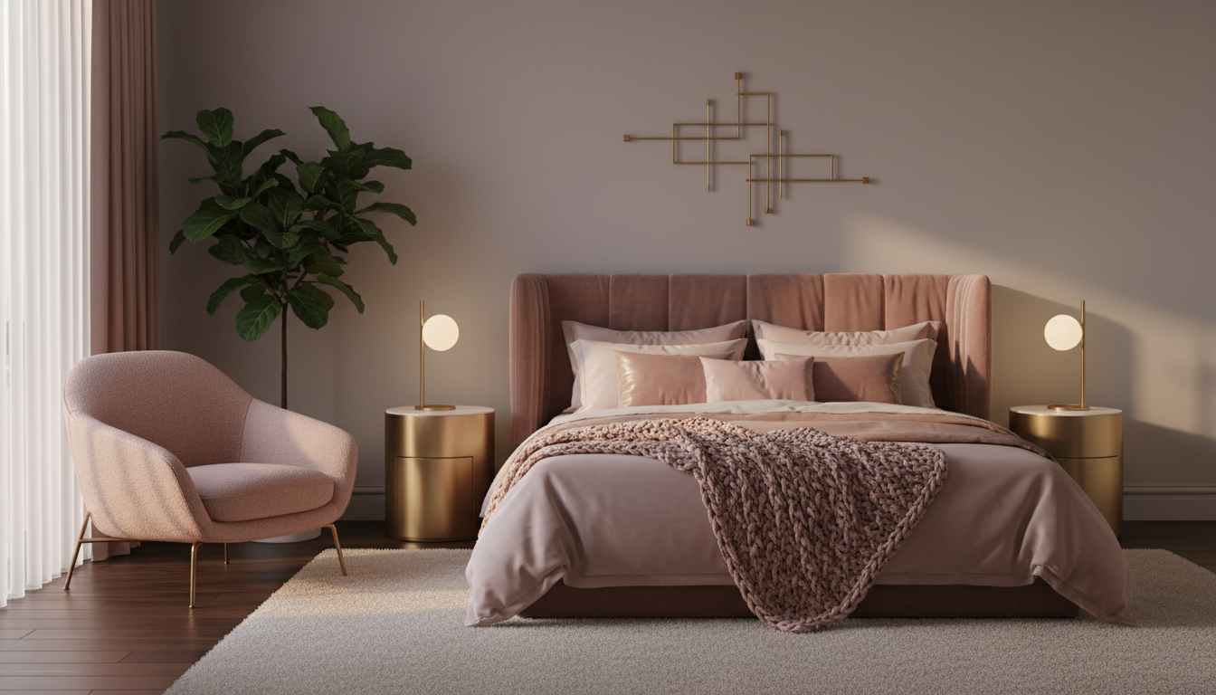 Спальня в серо-розовой палитре с бархатным изголовьем и латунными акцентами