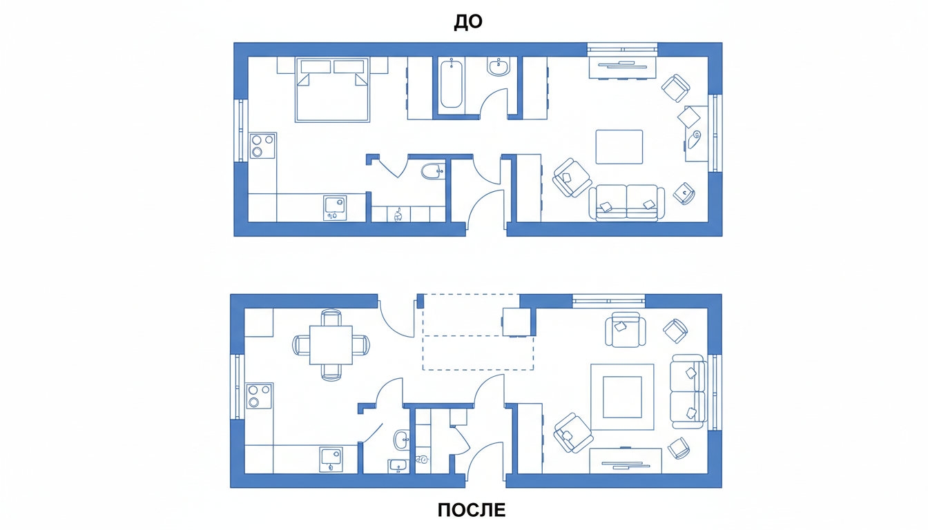 Схема перепланировки двухкомнатной хрущёвки — объединение кухни и гостиной