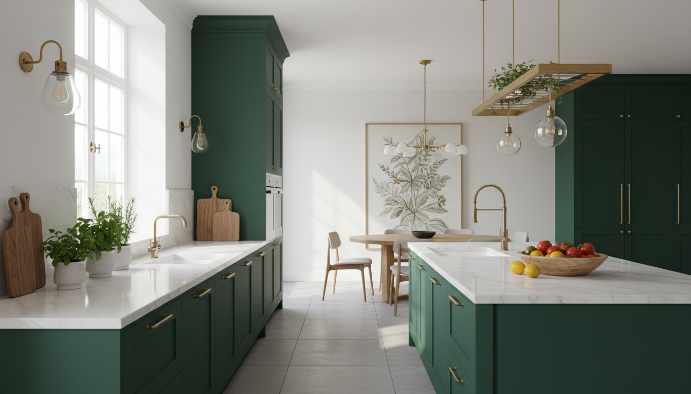 Кухня с изумрудно-зелёными фасадами, белой мраморной столешницей и латунной фурнитурой