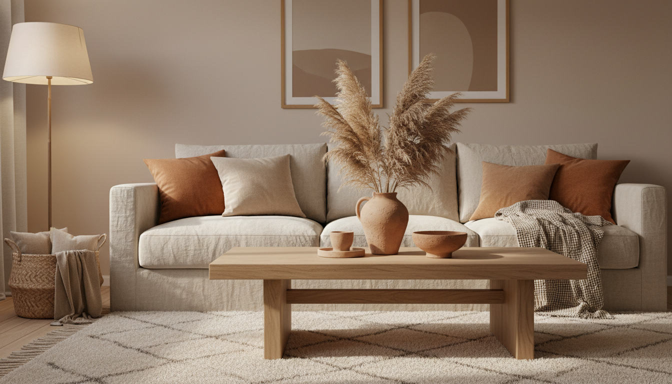 Гостиная в тёплой бежево-карамельной палитре с льняным диваном и терракотовым декором