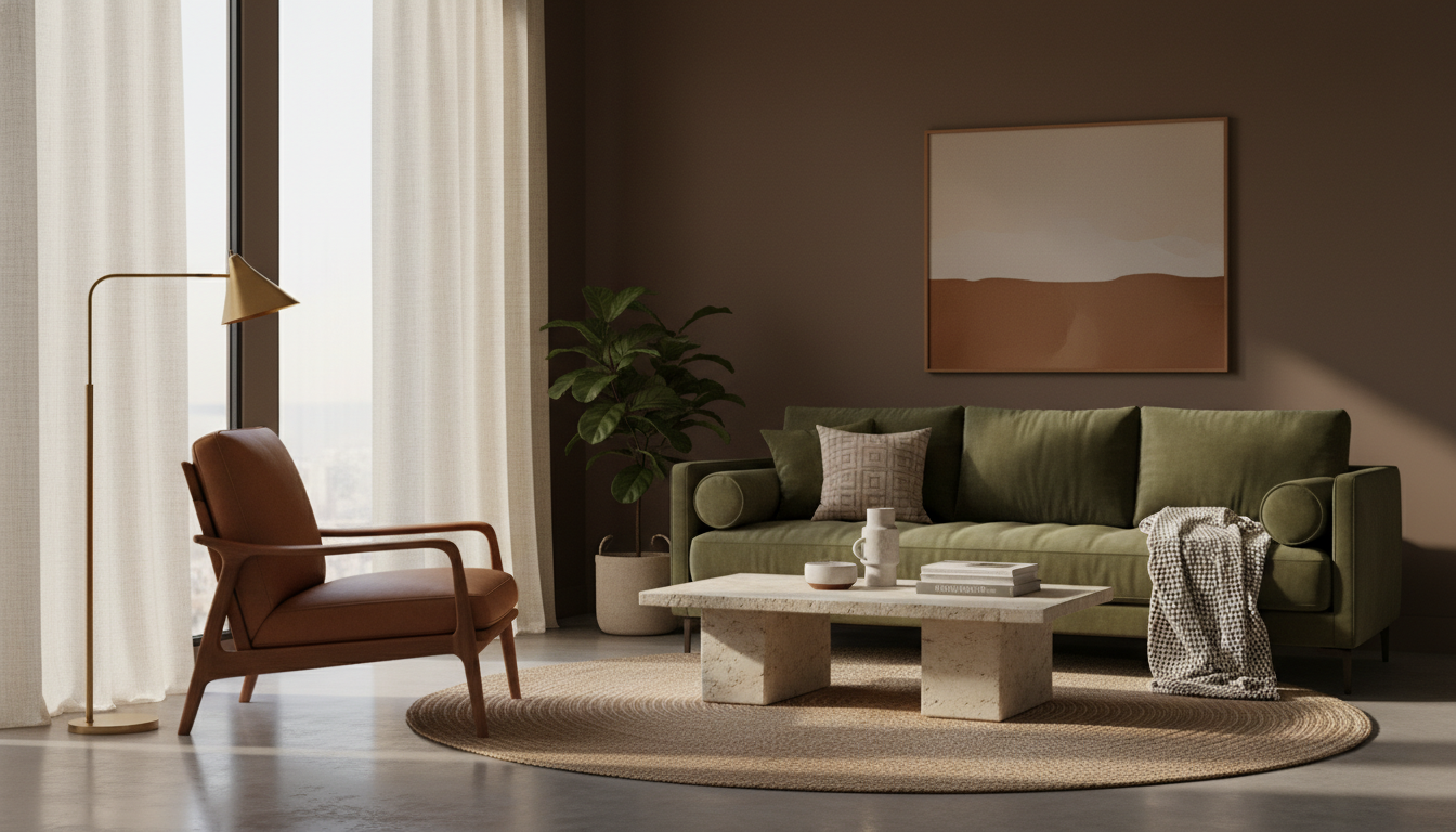 Гостиная в модной палитре 2026 года — мокко, оливковый, карамель, латунь