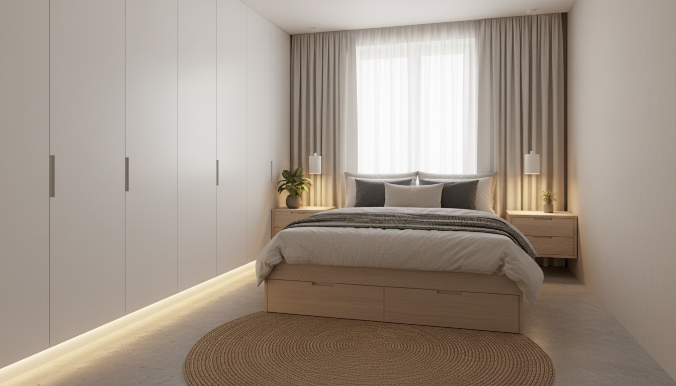 Уютная спальня в хрущёвке — встроенный шкаф, кровать с хранением