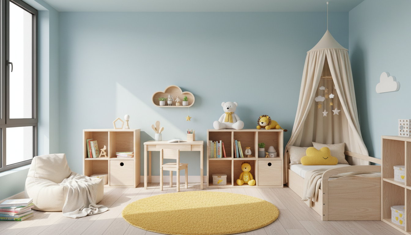 Детская комната в спокойных пастельных тонах с голубыми стенами и жёлтыми акцентами
