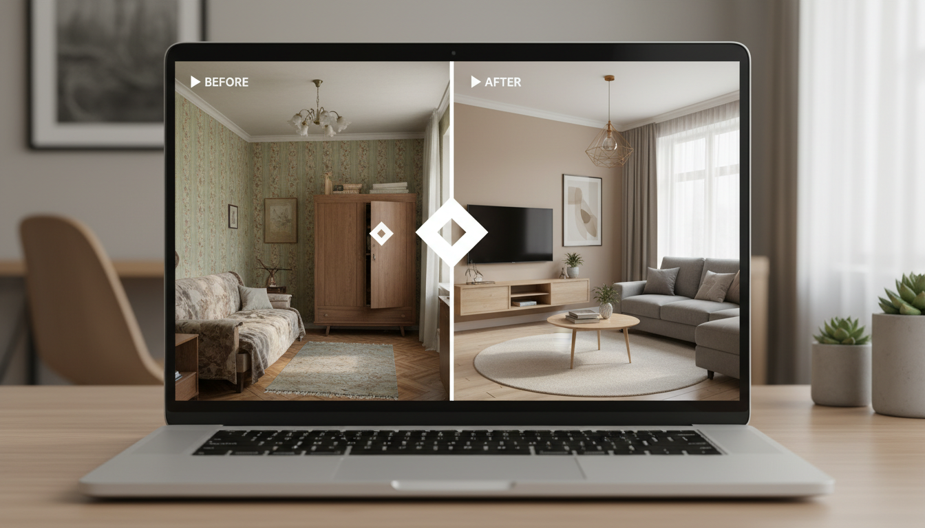 ИИ-визуализация интерьера — до и после ремонта на экране
