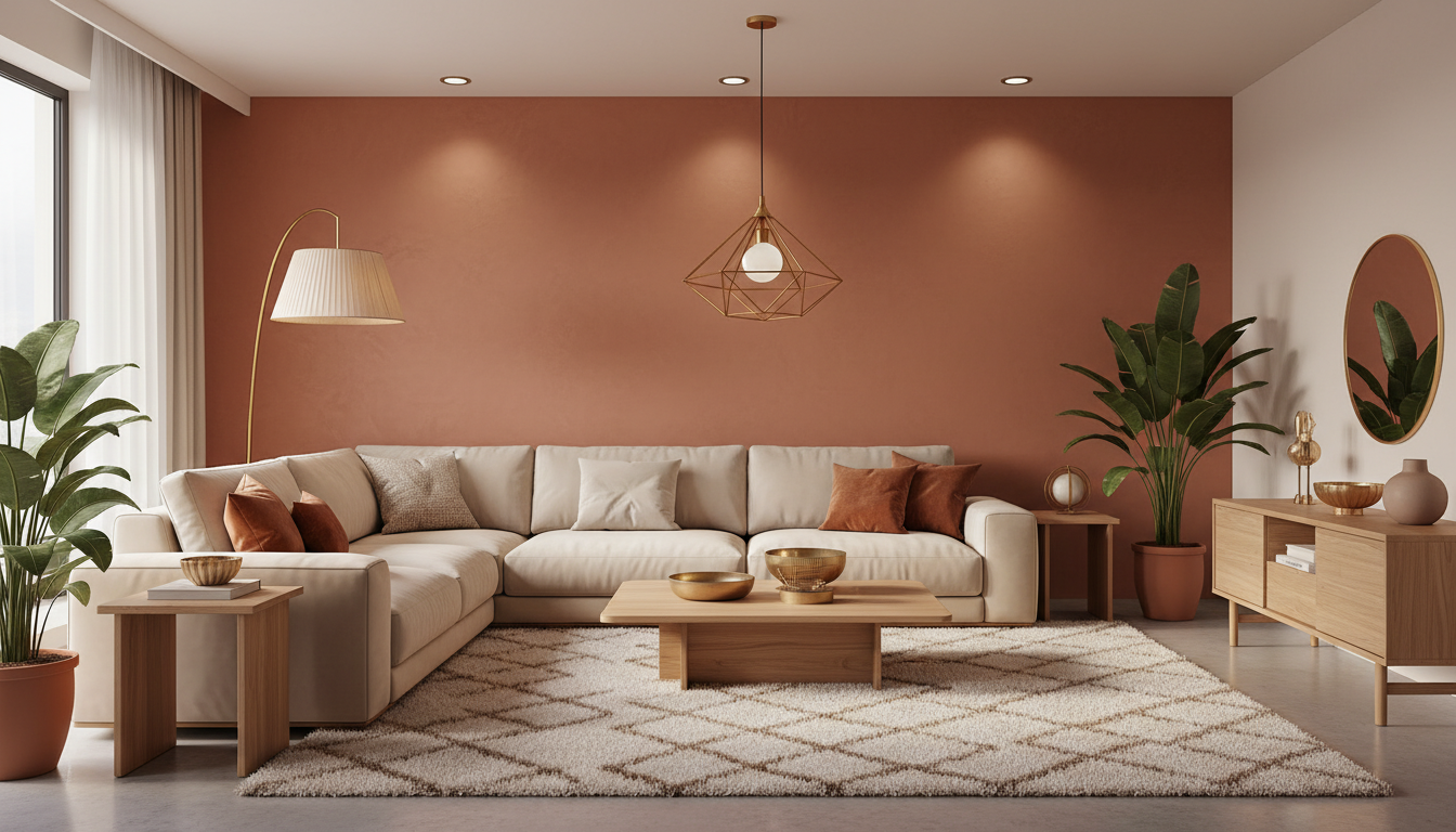 Гостиная в тёплой цветовой палитре 2026 года: терракотовые акценты, бежевый диван, натуральное дерево