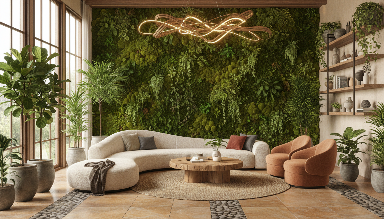Гостиная в биофильном стиле: много зелени, натуральные материалы, природные тона