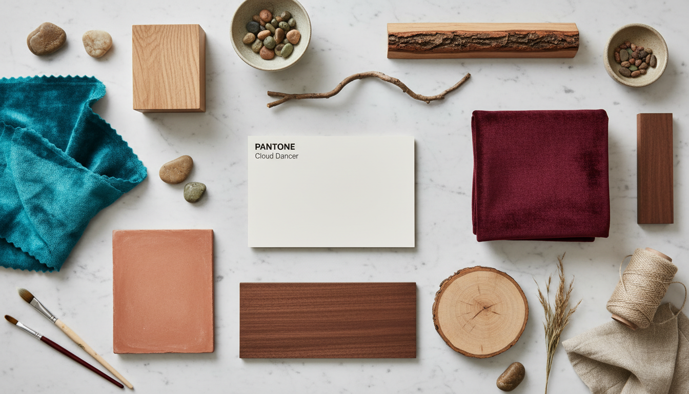 Палитра модных цветов в интерьере 2026 — бирюзовый, терракота, бургунди, тёплый белый