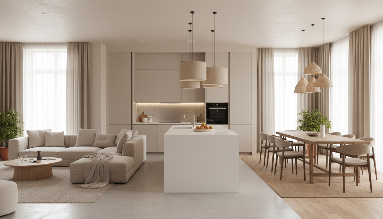 Современная кухня-гостиная с островом, обеденной зоной и диванной группой