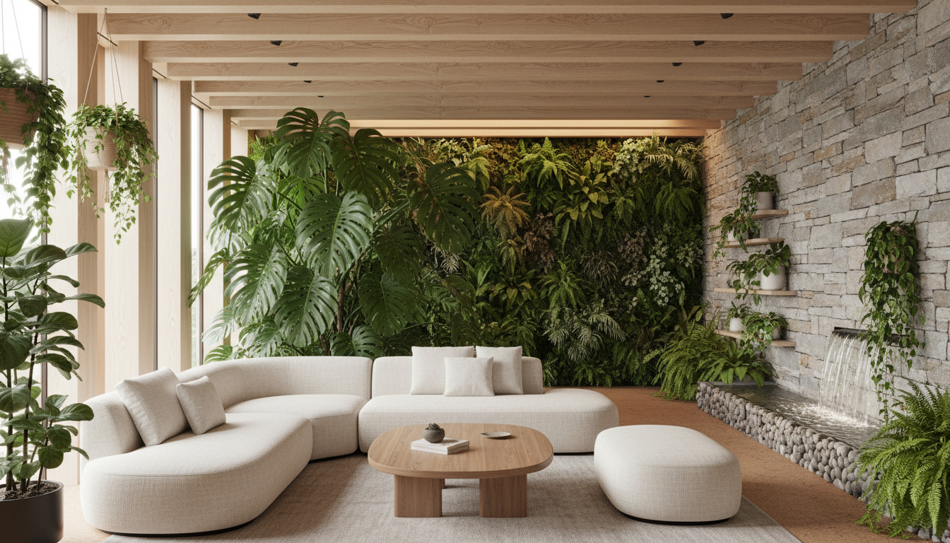 Биофильный интерьер 2026 — вертикальный сад, крупные растения, натуральное дерево, камень