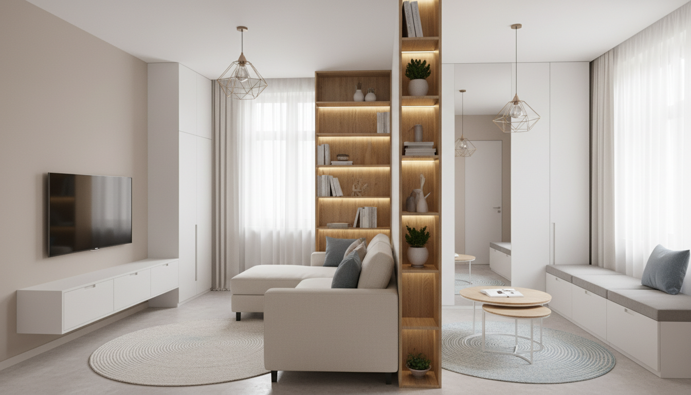Компактная современная гостиная с умным зонированием и светлыми тонами