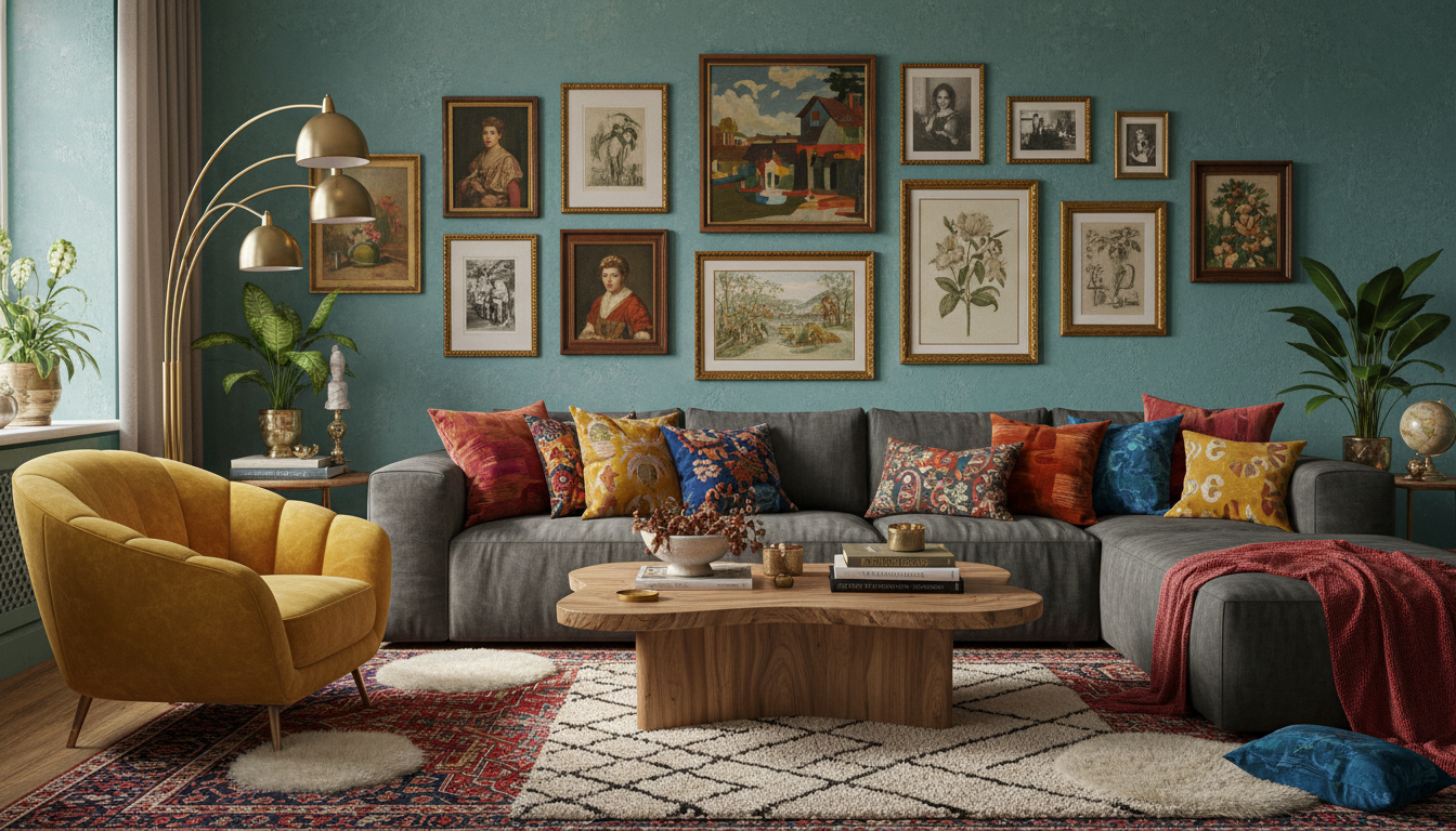 Максималистичный интерьер 2026 — эклектика, яркие цвета, галерейная стена, винтажная мебель