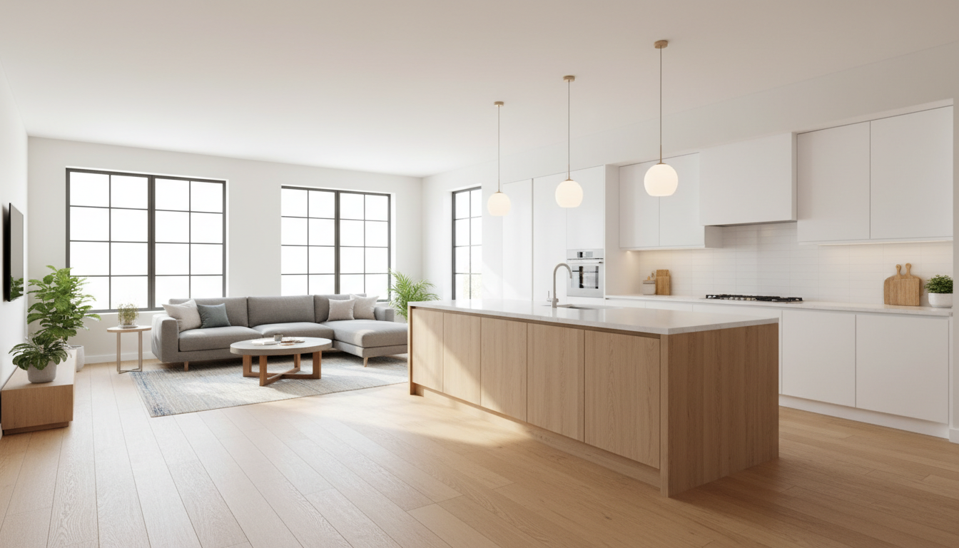 Современная кухня-гостиная с островом и зоной отдыха