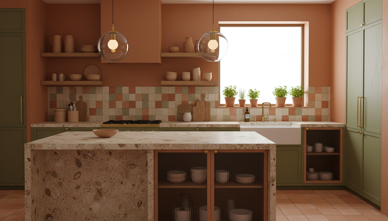 Модная кухня 2026 — тёплая палитра, натуральный камень, латунная фурнитура, открытые полки