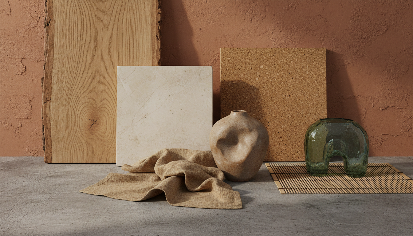Натуральные материалы в интерьере 2026 — дерево, камень, лён, керамика, пробка