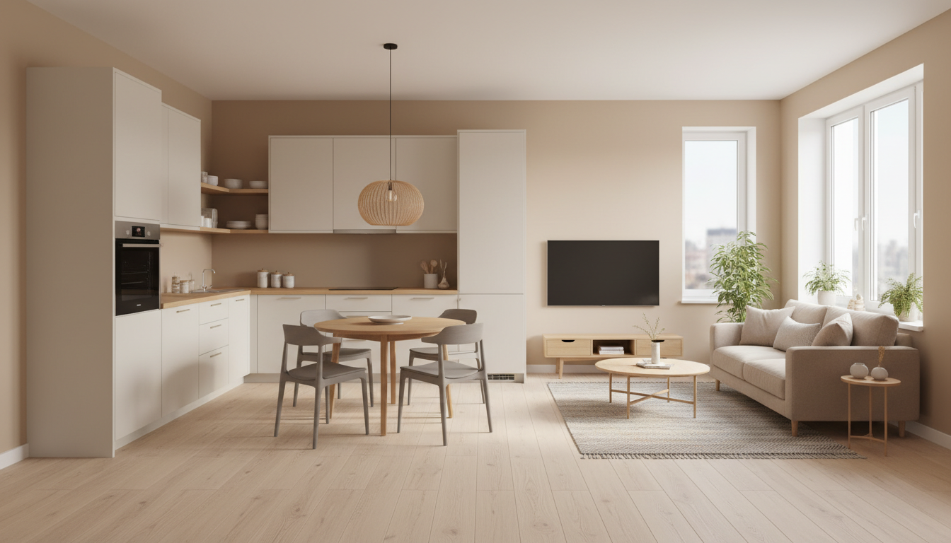 Кухня-гостиная 20 кв. м с Г-образным гарнитуром