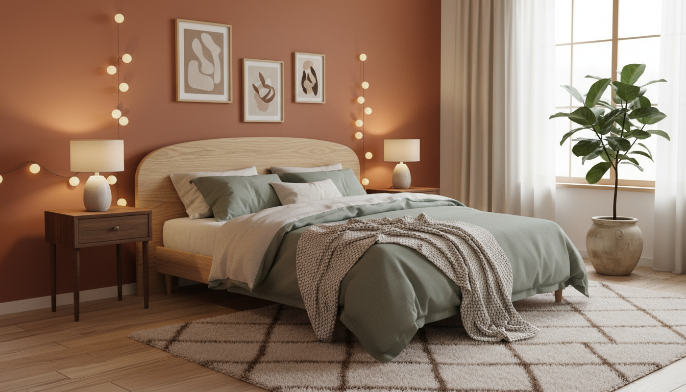 Модная спальня 2026 — терракотовая стена, льняное постельное, тёплое освещение, растения