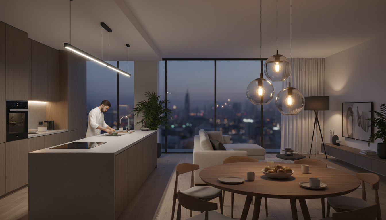 Три световые зоны в кухне-гостиной