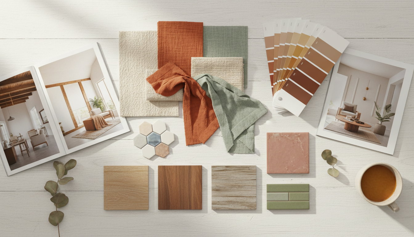 Мудборд для дизайн-проекта: образцы материалов, палитра цветов, текстуры