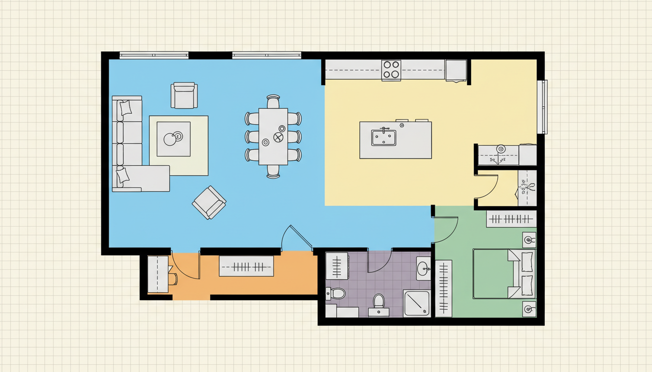 Архитектурный план квартиры с цветовым зонированием помещений