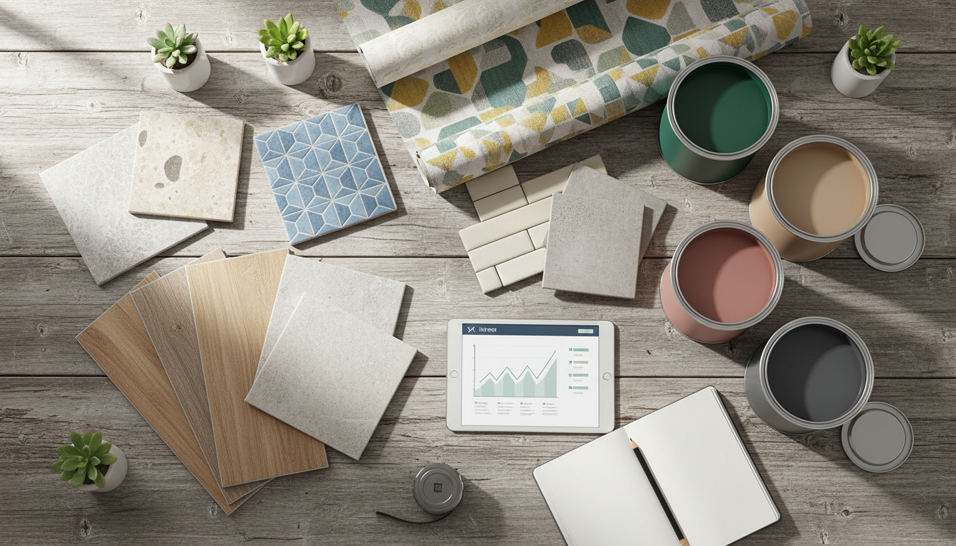 Образцы строительных материалов и таблица расчёта бюджета на ремонт