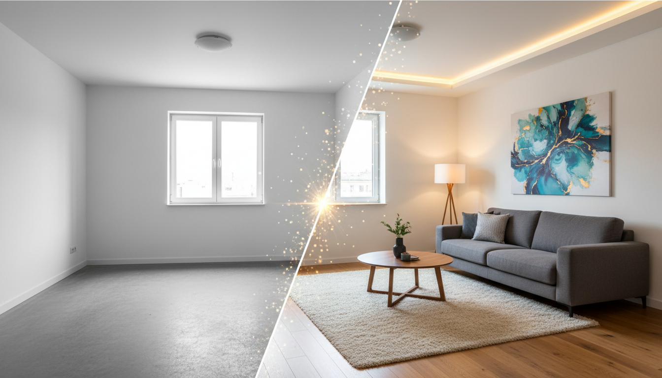 Слева — пустая комната, справа — визуализация интерьера от нейросети