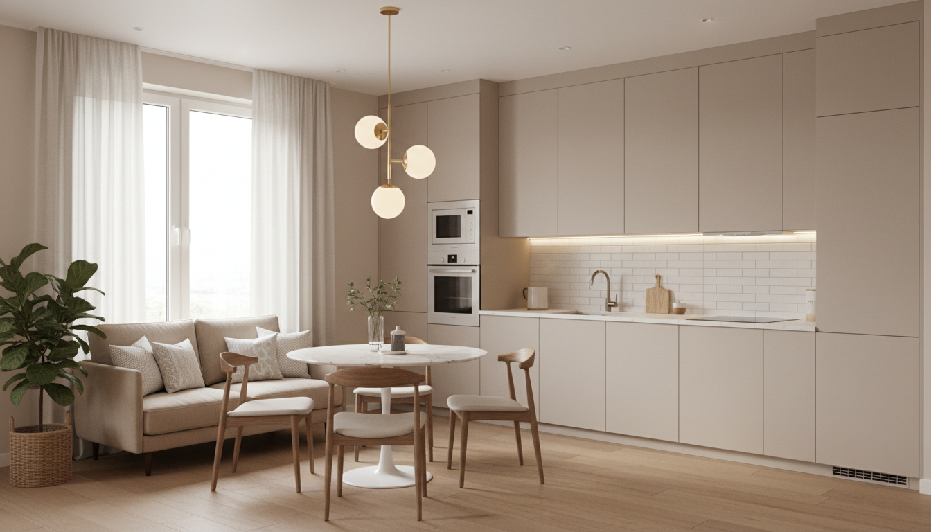 Уютная кухня 10 кв. м с компактным диваном у окна