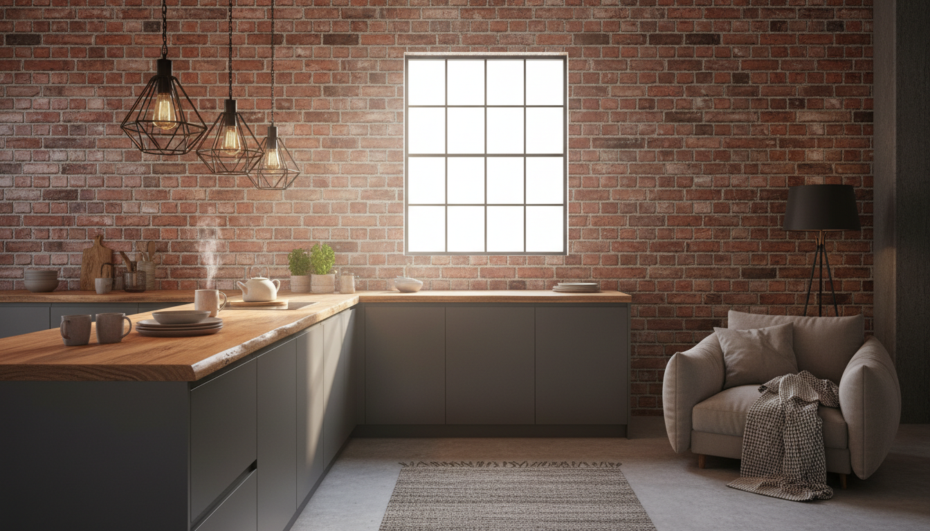 Кухня в стиле лофт — кирпичная стена, металлические светильники, деревянная столешница