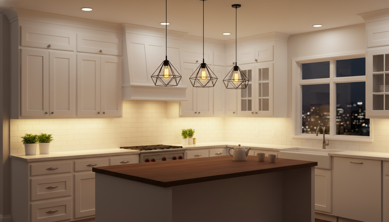 Кухня с продуманным многоуровневым освещением — LED-подсветка, подвесные светильники